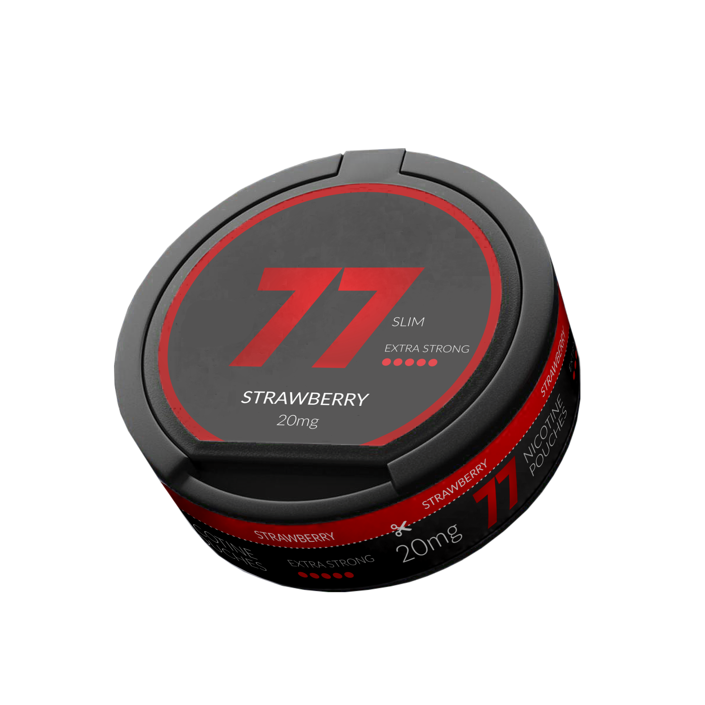 77 Strawberry Slim Nicotine Pouches, 20mg Extra Strong. Black and red tin of tobacco-free strawberry nicotine pouches.