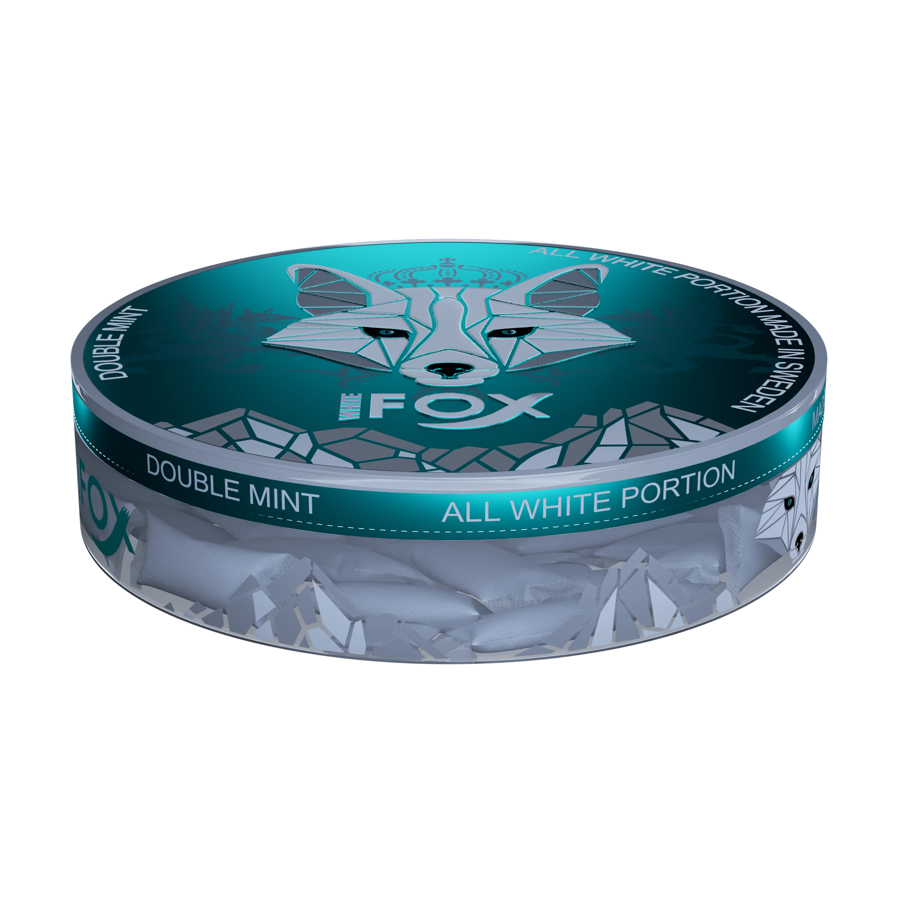 White Fox Double Mint slim nicotine pouches in a 12mg teal and silver can, showing tobacco-free all-white portions.