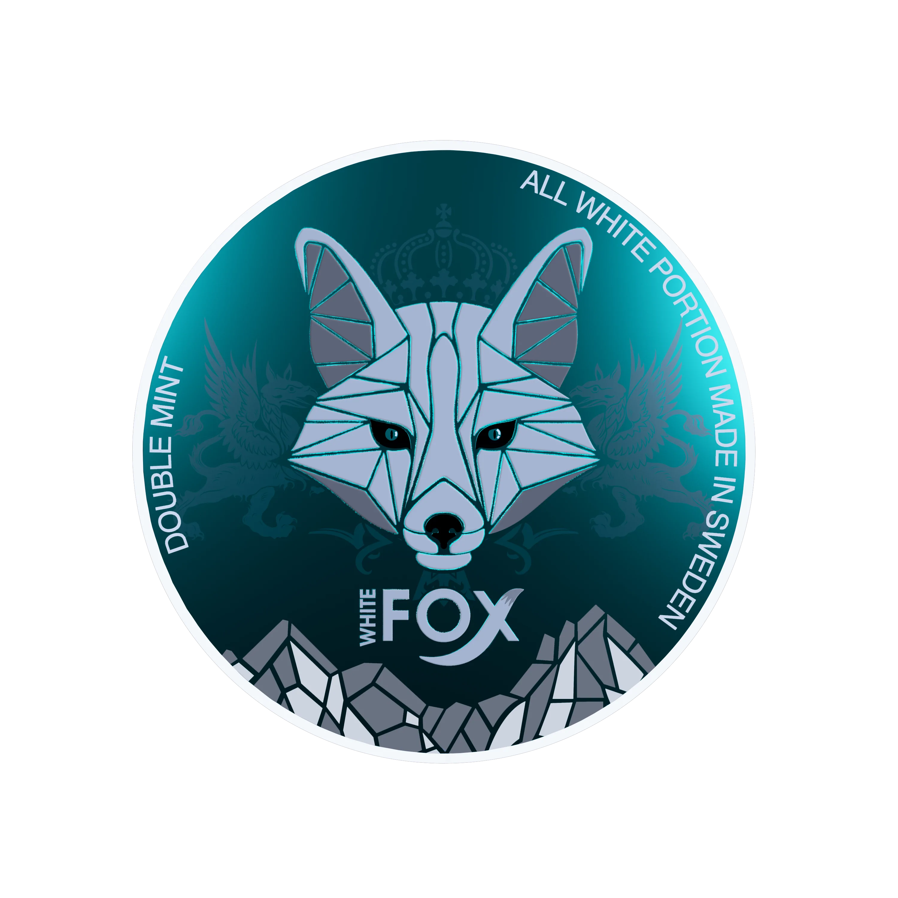 White Fox Double Mint Nicotine Pouches can lid with geometric fox logo on a teal and black background.