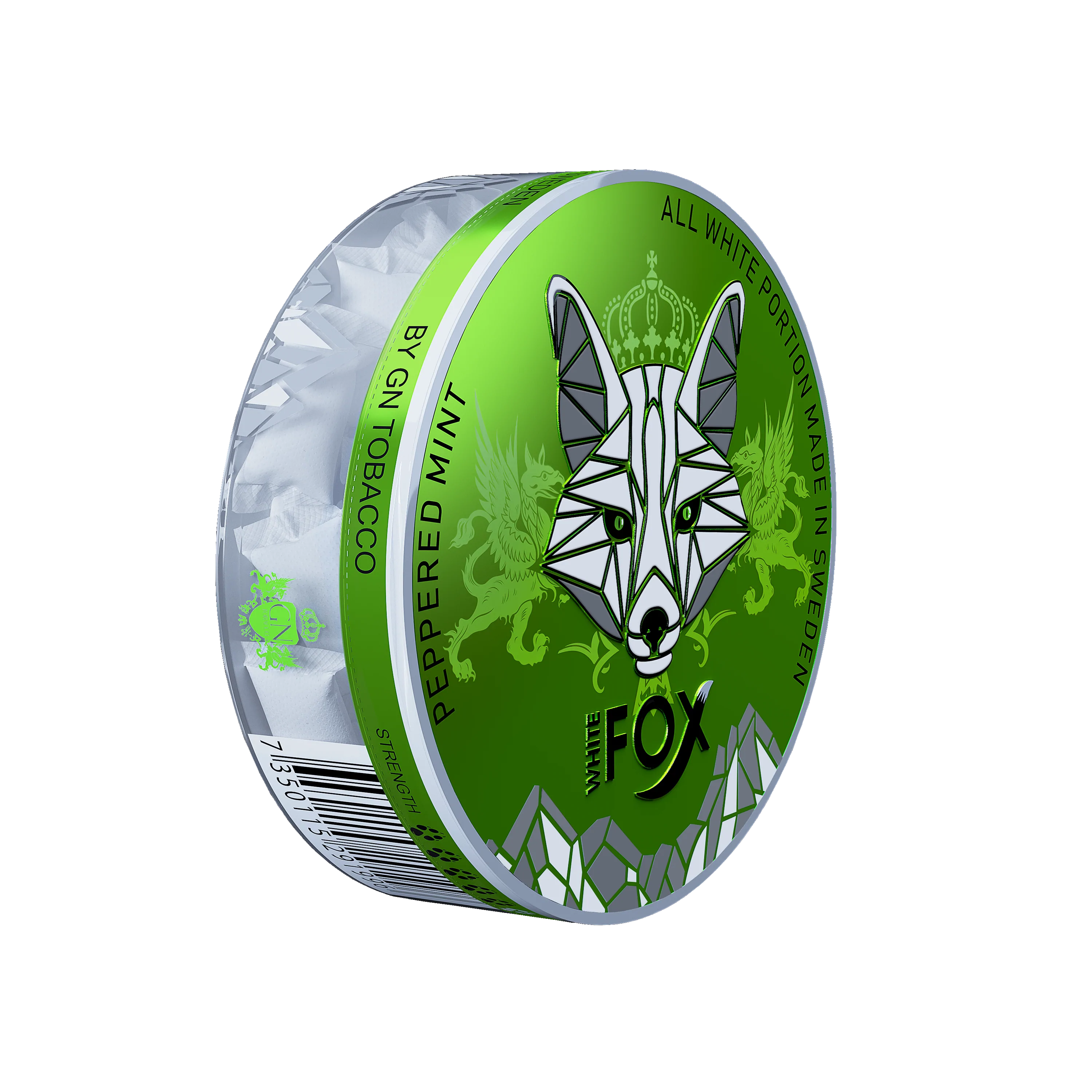 White Fox Peppered Mint nicotine pouches in a green and silver tin, featuring a white fox head logo and slim white portions.