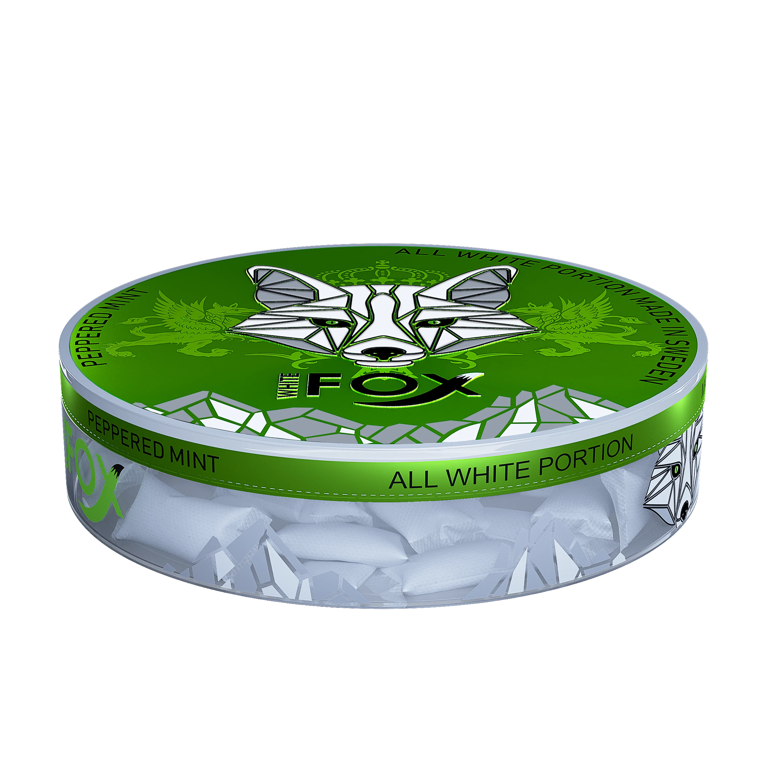 White Fox Peppered Mint All White Nicotine Pouches in a green tin, showing slim white pouches through a clear container.