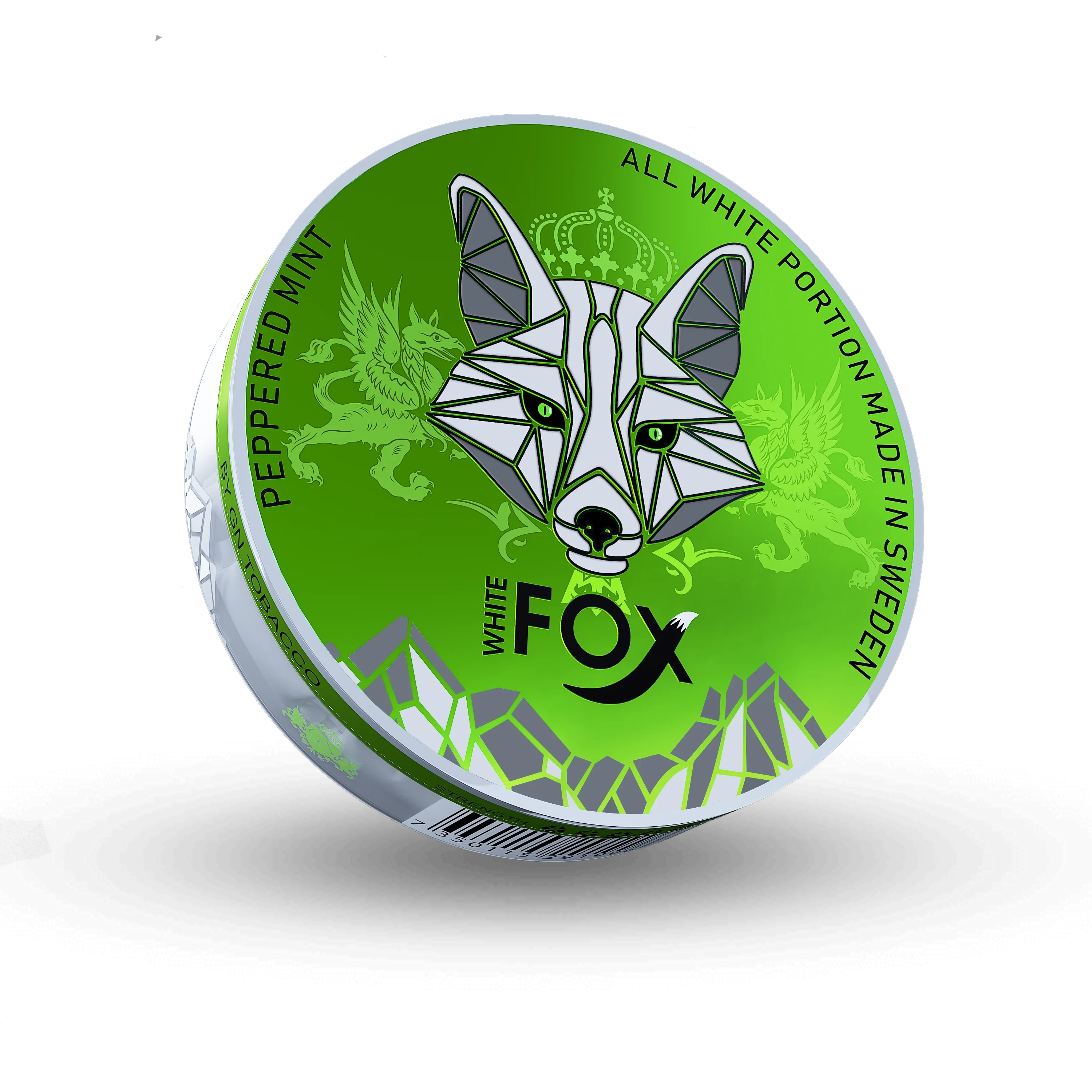White Fox Peppered Mint Slim Nicotine Pouches can with green lid and geometric fox logo design.