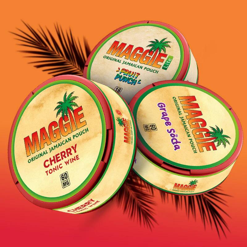 MAGGIE Original Jamaican Pouch featuring Cherry Tonic Wine, Pineapple Punch, and Grape Soda flavors.