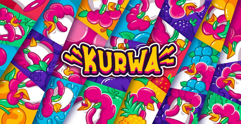 Colorful KURWA collection showcasing vibrant fruit graphics and playful design elements.