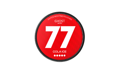 77 Ghost Cola Ice Mini Nicotine Pouches tin showing 24 white pouches with red branding on a black background.