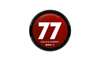 77 Cola & Cherry 16mg tobacco-free nicotine pouches, 20 slim pieces in a dark red and black can.