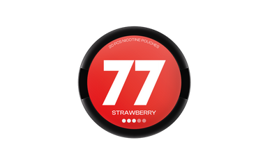 77 Strawberry nicotine pouches 16mg tin showing the red 77 logo and strawberry label on a black circular can.