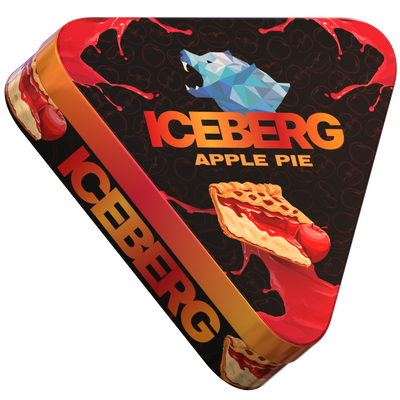 Iceberg Pies Apple Pie 50mg extra strong nicotine pouches, side view of triangular tin with dessert branding.