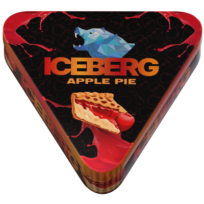 Iceberg Pies Apple Pie 50mg extra strong nicotine pouches in a triangular tin with apple pie graphics.