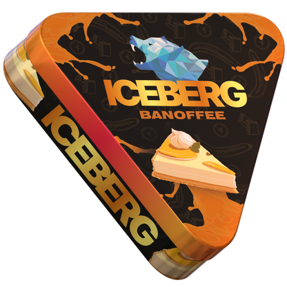 Triangular tin of Iceberg Pies Banoffee 50mg nicotine pouches, showing banana and caramel dessert graphics.