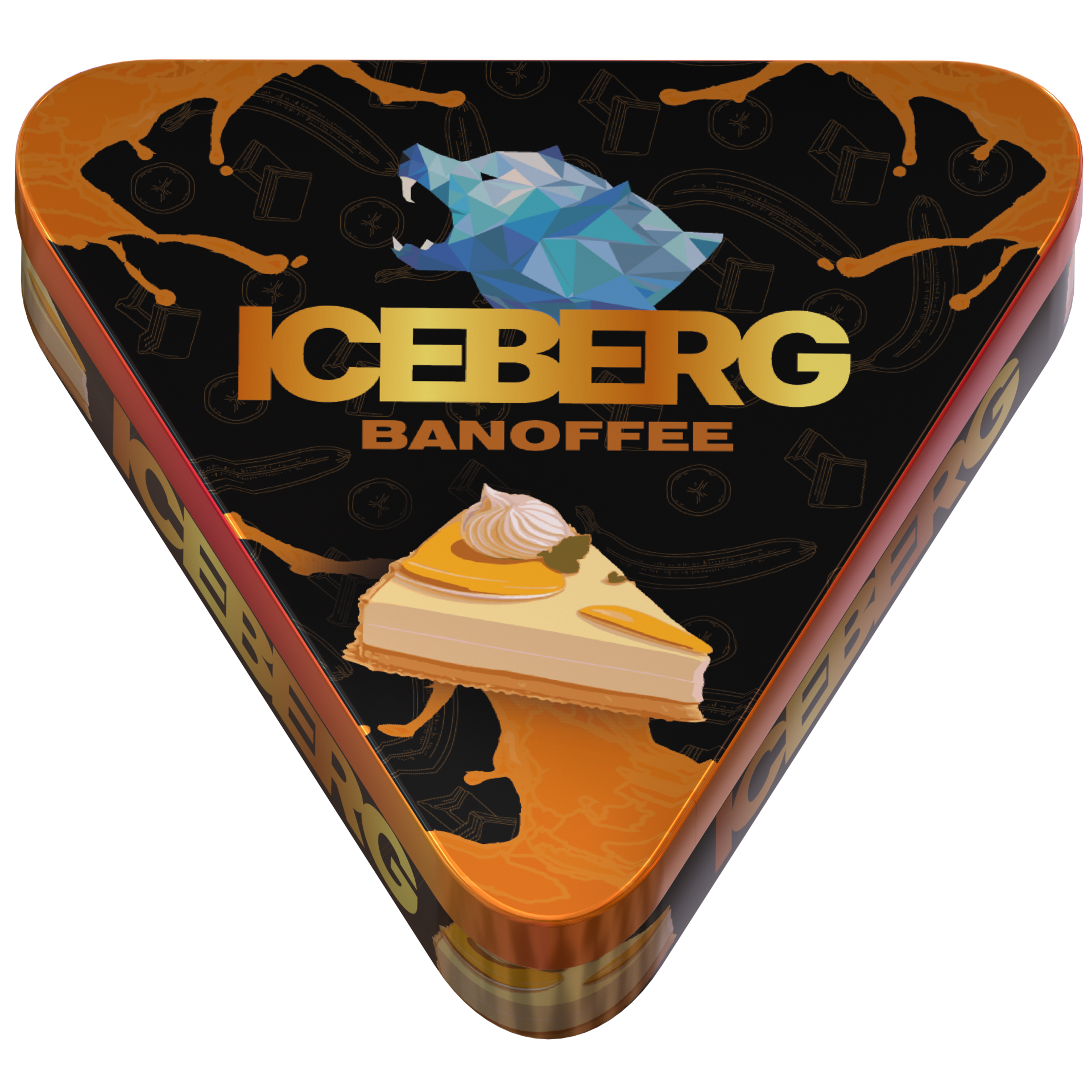 Top view of Iceberg Banoffee 50mg nicotine pouches in a triangular tin with banana and caramel dessert illustrations.