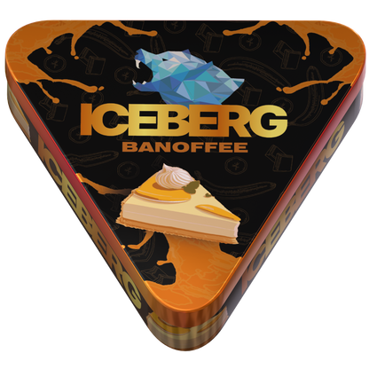 Top view of Iceberg Banoffee 50mg nicotine pouches in a triangular tin with banana and caramel dessert illustrations.