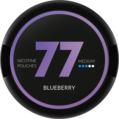 77 Blueberry medium strength nicotine pouches in a black can with purple branding and 3-dot nicotine indicator.
