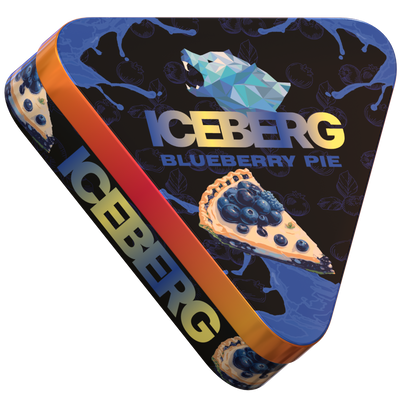 Side view of Iceberg Blueberry Pie nicotine pouches tin featuring a polar bear logo and blueberry pie slice illustration.