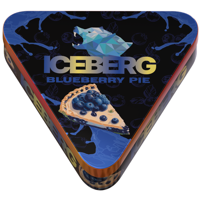 Iceberg Blueberry Pie nicotine pouches in a triangular tin featuring a slice of dessert pie and bear logo.