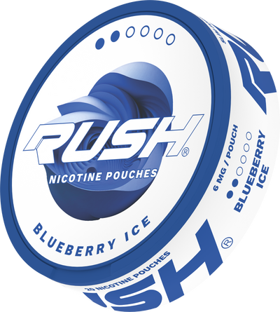 Side view of Rush Light Blueberry Ice nicotine pouches can, 6mg tobacco-free slim format in blue and white.