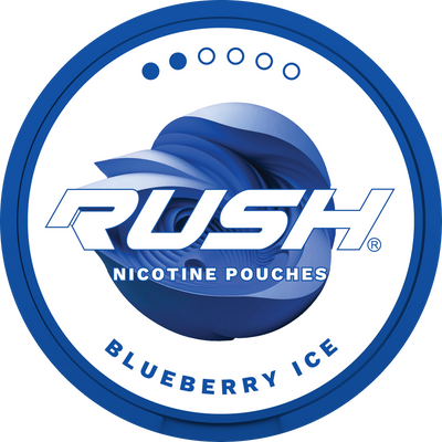 RUSH Blueberry Ice Nicotine Pouches - Light strength tobacco-free slim pouches in a blue and white can design.