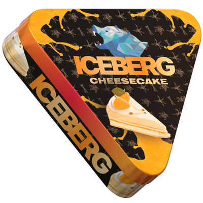 Side view of ICEBERG Cheesecake 50mg nicotine pouches triangular tin with dessert graphics and blue polar bear logo.