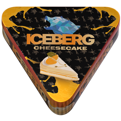 Top view of ICEBERG PIES Cheesecake 50mg nicotine pouches in a triangular black and orange can.