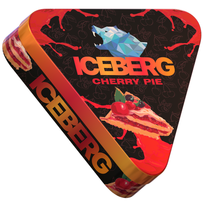 Side view of ICEBERG PIES Cherry Pie tobacco-free nicotine pouches in a triangular tin with 50mg strength branding.