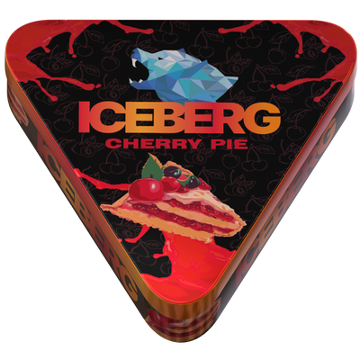 Triangular tin of Iceberg Cherry Pie nicotine pouches, 50mg, with polar bear logo and dessert illustration.