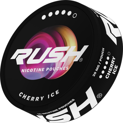 Side view of RUSH Extreme Cherry Ice 20mg nicotine pouches can featuring a black, pink, and orange design.