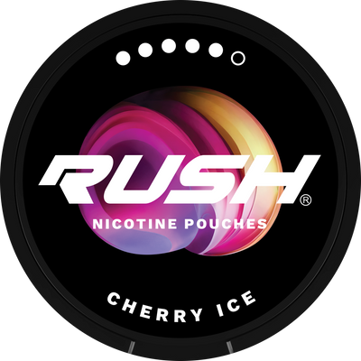 Rush Extreme Cherry Ice Nicotine Pouches lid with vibrant red and purple swirl design on a black tobacco-free can.