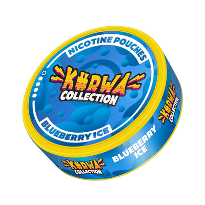 Side view of Kurwa Collection Blueberry Ice Nicotine Pouches can, featuring blue berry graphics and a yellow rim.