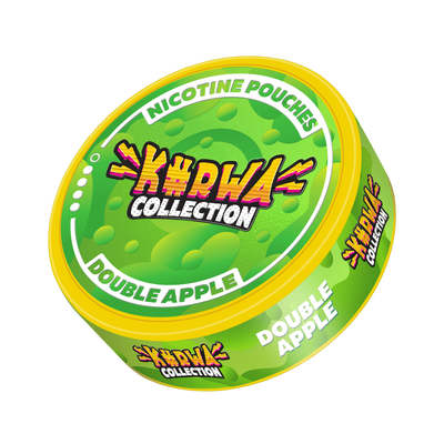 Kurwa Collection Double Apple Nicotine Pouches in a green and yellow can, side view with vibrant fruit branding.