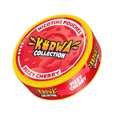 Side view of Kurwa Collection Fizzy Cherry nicotine pouches tin with red and yellow bubble-themed branding.