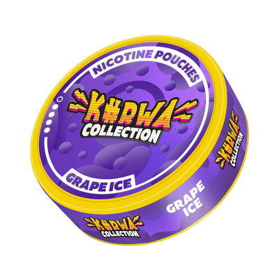 Side view of Kurwa Collection Grape Ice Nicotine Pouches in a purple and yellow can with a bold, stylized brand logo.