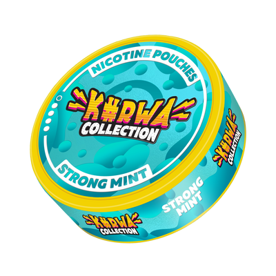 KURWA COLLECTION Strong Mint tobacco-free nicotine pouches in a vibrant teal and yellow can, side angle view.