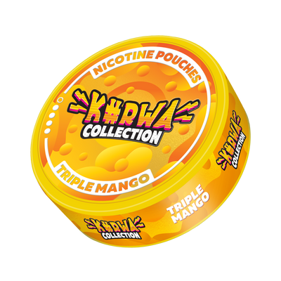 Kurwa Collection Triple Mango Nicotine Pouches, 12mg strength. Angled view of orange can with tropical mango branding.