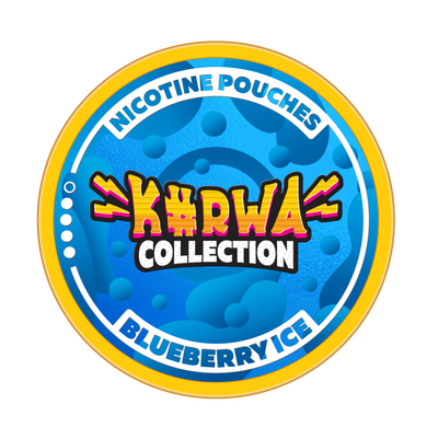 Kurwa Collection Blueberry Ice Nicotine Pouches blue can label with yellow and pink branding.