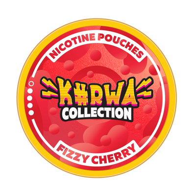Kurwa Collection Fizzy Cherry Nicotine Pouches can with vibrant red and yellow bubble design.