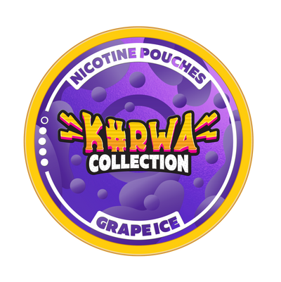 Kurwa Collection Grape Ice Nicotine Pouches can lid featuring purple grape graphics and yellow branding.