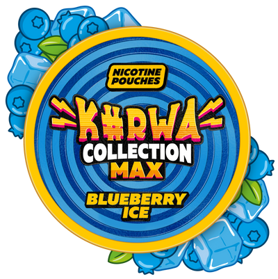 Kurwa Collection Max Blueberry Ice nicotine pouches can lid with blue swirl design, fresh blueberries, and ice cubes.