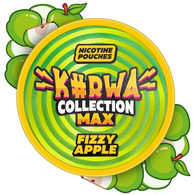 Kurwa Collection Max Fizzy Apple Nicotine Pouches can with vibrant green apple graphics and swirl background.