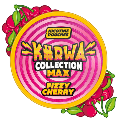 Kurwa Collection Max Fizzy Cherry Nicotine Pouches can with vibrant pink swirl label and fresh cherry illustrations.