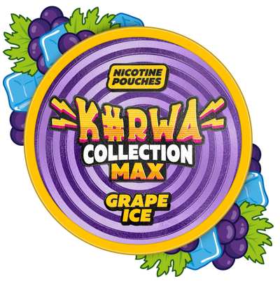 Kurwa Collection Max Grape Ice Nicotine Pouches can lid featuring purple swirl design with grapes and ice cubes.