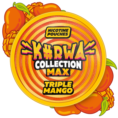 KURWA Collection Max Triple Mango Nicotine Pouches can with vibrant yellow and orange spiral design and mango graphics.
