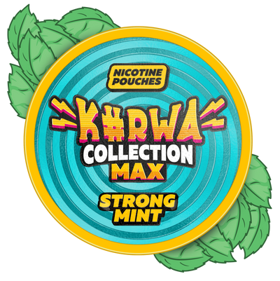 Kurwa Collection Max Strong Mint nicotine pouches can with teal spiral design and green mint leaves background.