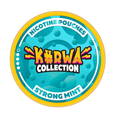 KURWA COLLECTION Strong Mint Nicotine Pouches can lid with blue bubble graphics and yellow branding.