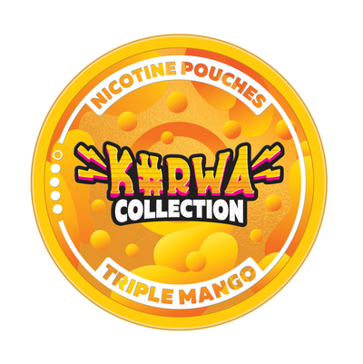 Kurwa Collection Triple Mango Nicotine Pouches, orange tropical label with 12mg strength indicator.