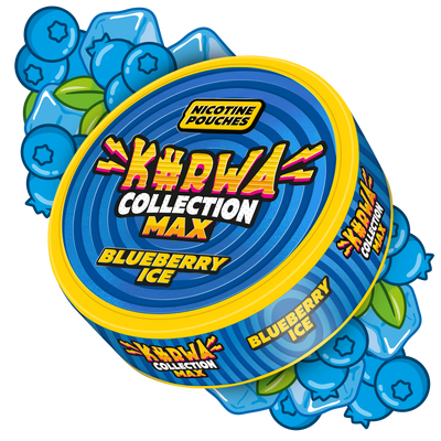 Side view of Kurwa Collection Max Blueberry Ice nicotine pouches can with blueberry and ice cube graphics.