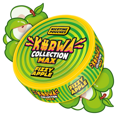 Kurwa Collection Max Fizzy Apple Nicotine Pouches can with green swirl design and crisp apple illustrations.