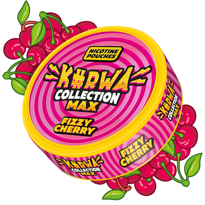 Side view of Kurwa Collection Max Fizzy Cherry Nicotine Pouches can with vibrant pink swirl design and fresh cherry graphics