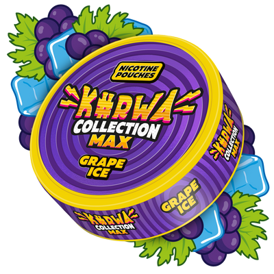 Side view of Kurwa Collection Max Grape Ice extra strong nicotine pouches can with purple grape and ice cube graphics.