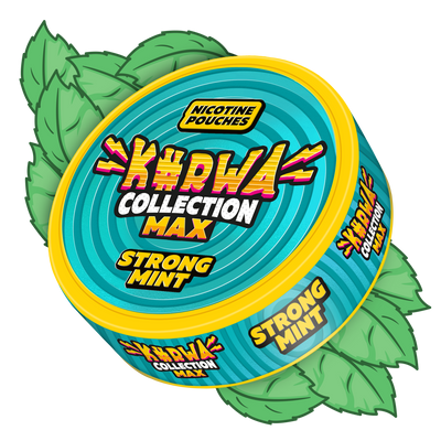Kurwa Collection Max Strong Mint nicotine pouches can with refreshing mint leaves and bold 43mg strength labeling.