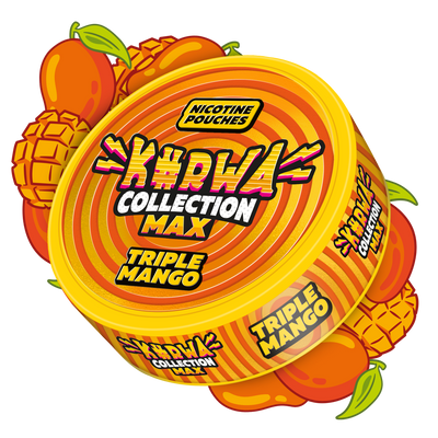 Kurwa Collection Max Triple Mango nicotine pouches in a yellow and orange tin with mango graphics.